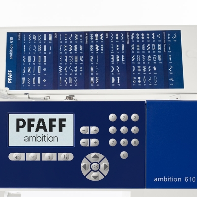 PFAFF AMBITION 610 Maszyna do szycia wieloczynnościowa sterowana komputerowo, 110 ściegów, 7x auto. obszywanie dziurki, system ITD, 8 stopek